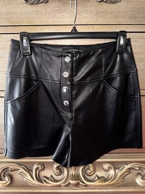 GUESS Black Faux Leather High-Waist Button Front Shorts